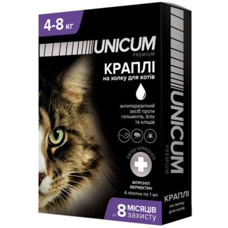 Капли Unicum Premium + от блох, клещей и гельминтов на холку для кошек 4-8 кг (UN-030)