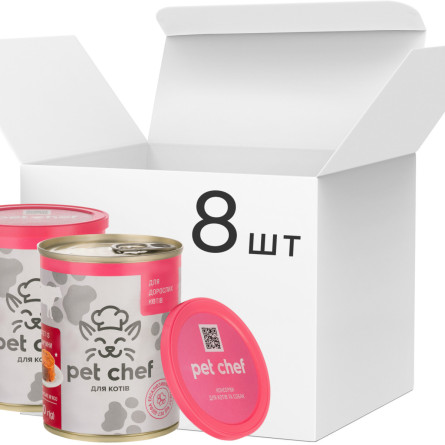 Упаковка вологого корму для дорослих кішок Pet Chef м'ясний паштет з яловичиною 360 г по 8 шт. + кришка