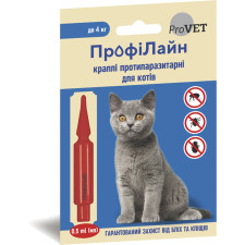 Краплі від бліх та кліщів ProVET ПрофіЛайн для котів вагою до 4 кг, 1 піпетка по 0,5 мл mini slide 1