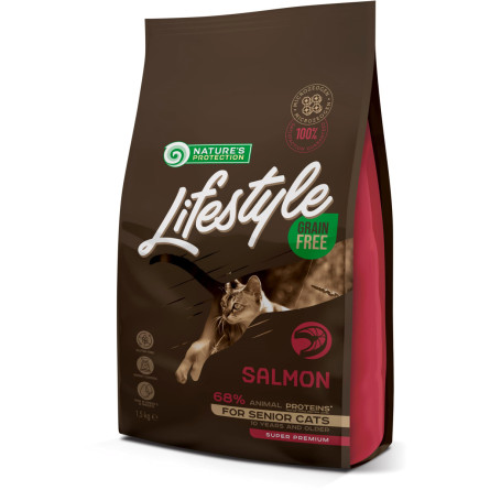 Сухой беззерновой корм для пожилых кошек лососем Nature's Protection Lifestyle Grain Free Salmon Senior Cat 1.5 кг (NPLS45956)