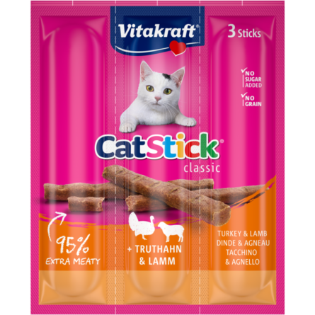 Ласощі для кішок Vitakraft м'ясні палички з індичкою і ягням 3 шт х 6 г slide 1