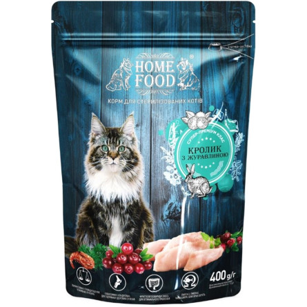 Повнораціонний корм для кошенят і кішок Суперпреміум Home Food Cat Adult Для кастрованих/стерилізованих «Кролик і журавлина» 0.4 кг