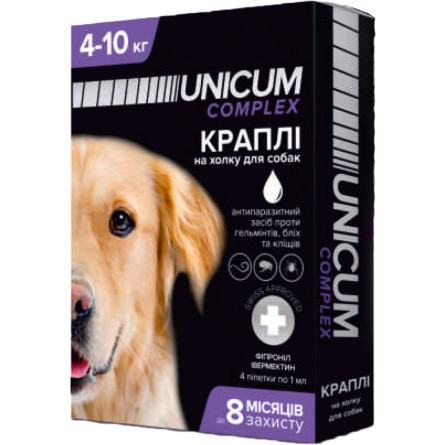 Капли Unicum Premium от блох, клещей и гельминтов на холку для собак 4-10 кг 4 шт