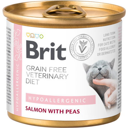 Влажный корм консервированный для кошек Brit VetDiets с пищевой аллергией и непереносимостью с лососем и горохом 200 г