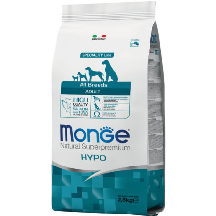 Сухий корм для дорослих собак, всіх порід Monge Dog All breeds Hypoallergenic Salmon&Tuna з рисом, лососем та тунцем 2.5 кг slide 1