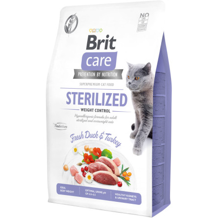 Сухий корм для стерилізованих котів і котів з надмірною вагою Brit Care Cat GF Sterilized Weight Control з качкою та індичкою 2 кг slide 1