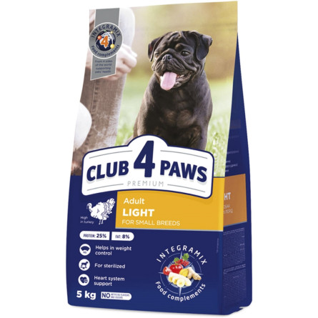 Сухой корм для взрослых собак малых пород Club 4 Paws Премиум Adult LIGHT Контроль веса с высоким содержанием индейки 5 кг (B4571201)