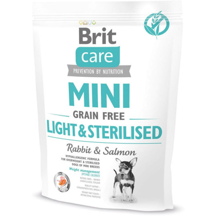 Сухой корм для собак миниатюрных пород с избыточным весом или стерилизованных Brit Care GF Mini Light & Sterilised с кроликом и лососем 400 г
