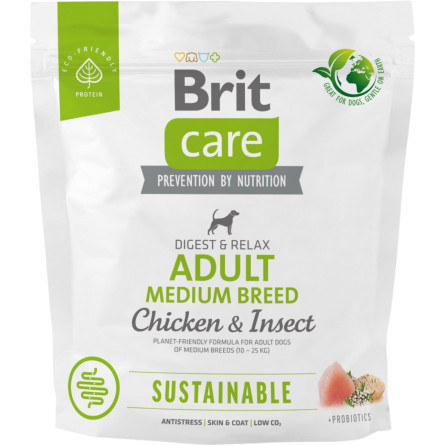 Корм для собак середніх порід Brit Care Dog Sustainable Adult Medium Breed з куркою та комахами 1 кг