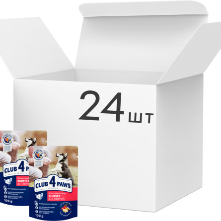 Упаковка вологого корму для цуценят Club 4 Paws (Клуб 4 Лапи) Преміум з індичкою в соусі 100 г х 24 шт (B5530311)