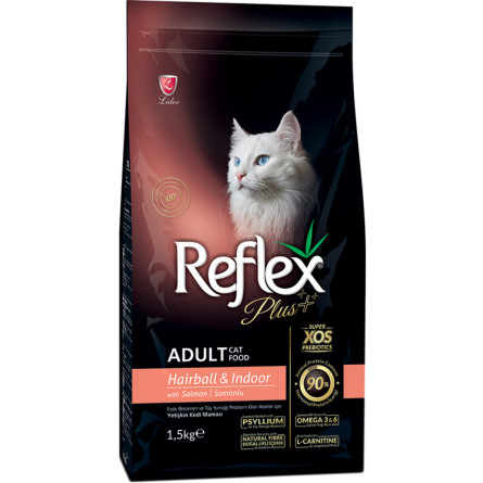 Сухой корм Reflex Plus полноценный и сбалансированный для котов, живущих в помещении и вывод шерсти с лососем 1.5 кг