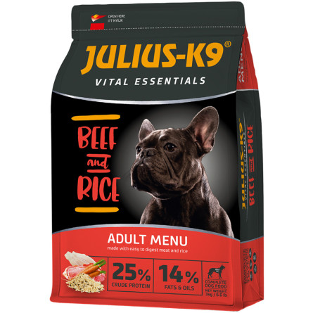 Сухой корм для взрослых собак высшего качества Julius-K9 BEEF and RICE Adult Menu С говядиной и рисом 3 кг