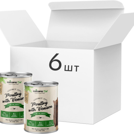 Упаковка консервів для котиків Chicopee з птицею та олениною 6 шт по 400 г