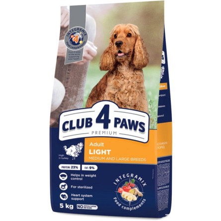 Сухой корм для взрослых собак средних и крупных пород Club 4 Paws Премиум Adult LIGHT Контроль веса с высоким содержанием индейки 5 кг (B4571101)
