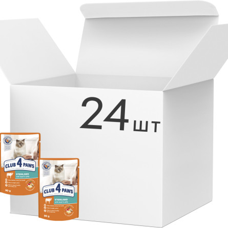 Упаковка вологого корму для стерилізованих котів Club 4 Paws Преміум в желі з яловичиною 80 г х 24 шт (B5612311) slide 1