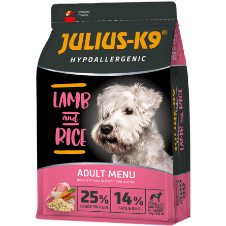 Сухой гипоаллергенный корм для взрослых собак высшего качества Julius-K9 LAMB and RICE Adult С ягненком и рисом 3 кг
