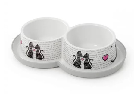 Двойная пластиковая миска для котов Moderna Double Trendy Dinner Cats in Love H136027CL 10 см 2х350 мл белая