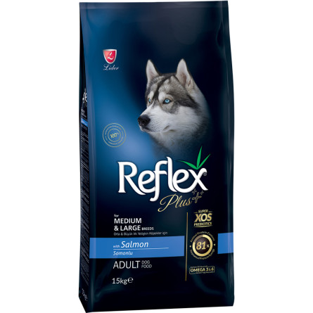 Повноцінний та збалансований сухий корм для собак середніх та великих порід Reflex Plus з лососем 15 кг