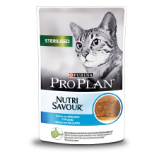 Упаковка вологого корму для дорослих стерилізованих кішок Purina Pro Plan Sterilised Nutrisavour шматочки в паштеті з тріскою 85 г х 24 шт mini slide 1