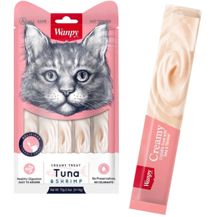 Рідкі ласощі для котів Wanpy Creamy Lickable Treats Tuna Shrimp Тунець з креветками 70 г (5 стіков по 14 г)