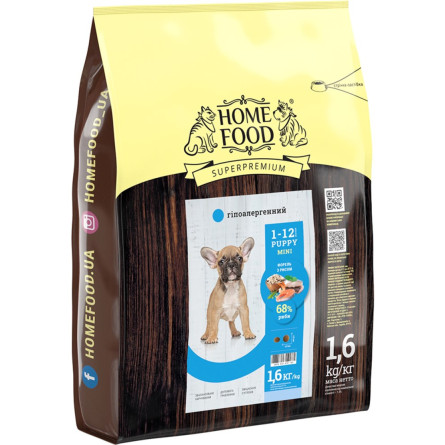 Полнорационный сухой корм для щенков Супер премиум Home Food Puppy Mini Гипоаллергенный «Форель с рисом» 1.6 кг (4820235020262/4828332670160)