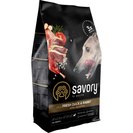 Сухой корм для собак всех пород Savory со свежим мясом утки и кроликом 3 кг