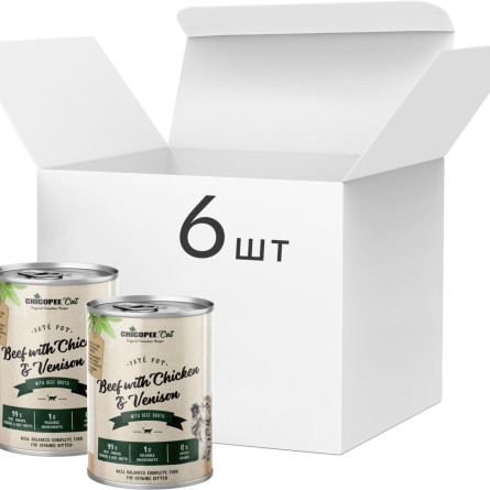 Упаковка консерв для котят Chicopee PatePot с говядиной, курицей и олениной 6 шт по 400 г