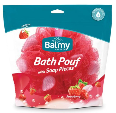Тревел-мочалка Balmy Naturel Bath Pouf With Soap Pieces зі шматочками мила й екстрактом полуниці