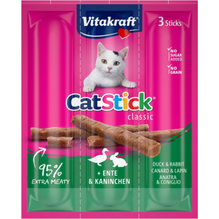 Ласощі для кішок Vitakraft м'ясні палички з качкою і кроликом 3 шт х 6 г