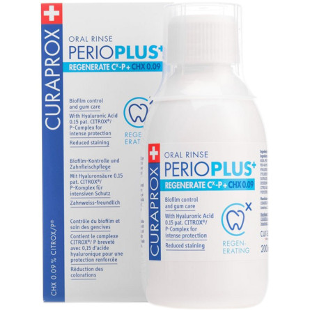 Ополаскиватель для полости рта Curaprox PerioPlus+ Regenerate содержит Citrox геалуроновую кислоту и 009% хлоргексидина 200 мл