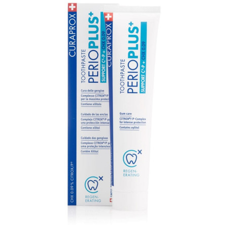 Зубна паста Curaprox PerioPlus+ Support містить Citrox гіалуронову кислоту та 0.09% хлоргексидину 75 мл