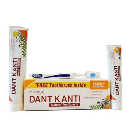 Набор Patanjali Ayurved Зубная паста Dant Kanti Натуральная 200 г +100 г + Зубная щетка