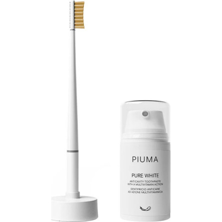 Набір Piuma Зубна щітка щетинки з вітаміном С, середньої жорсткості біла + база + зубна паста slide 1