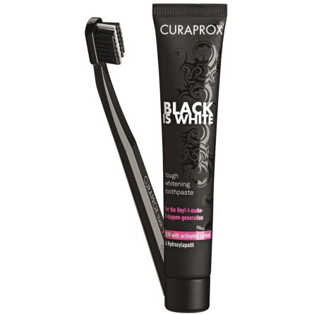 Набір Зубна паста вибілювальна Curaprox Black is White з активованим вугіллям і гідроксиапатитами 90 мл + Ультрам'яка зубна щітка