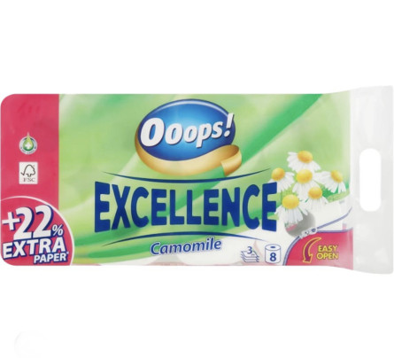 Папір туалетний Ooops! Excellence Lotion Camomile 3-х шаровий 8 шт.