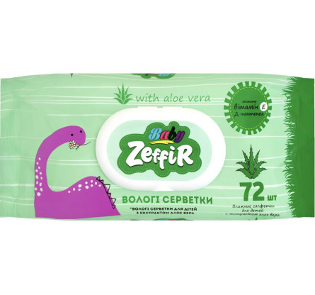Серветки вологі Zeffir для дітей з екстрактом алое віра 72 шт.