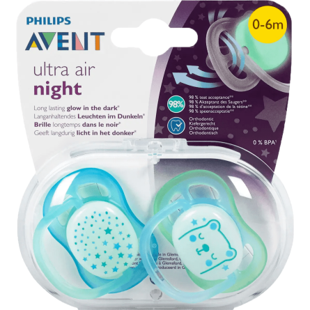 Пустышка Avent Ultra Air для мальчиков 0-6 месяцев ночная 2 шт.