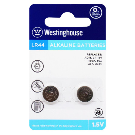 Батарейка лужна Westinghouse Alkaline таблетка LR44 2шт упаковка