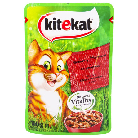 Корм Kitekat з яловичиною в соусі для дорослих котів 85г slide 1