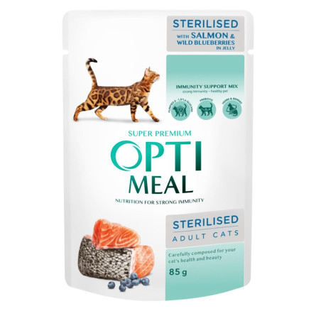 Корм влажный Optimeal с лососем и черникой в желе для стерилизованных/кастрированных кошек 85г