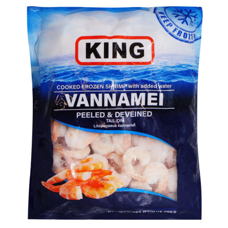 Креветки King Ваннамей вареные очищенные мороженные с хвостом в глазури 41/50 750г