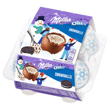 Шоколад молочний Milka Snow Balls у формі кулі з шматочками печива орео 112г mini slide 1