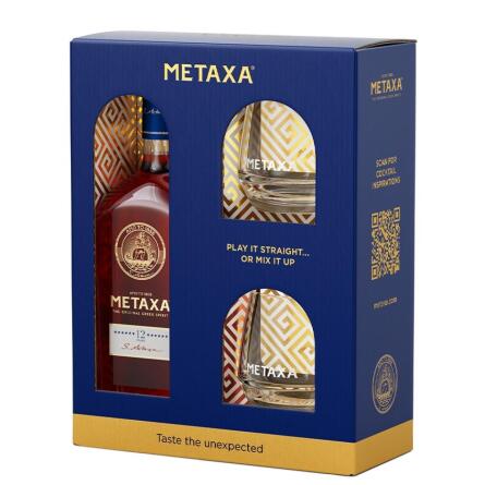 Бренди Метакса / Metaxa, 12 лет, 40%, 0.7л, в подарочной коробке + 2 стакана