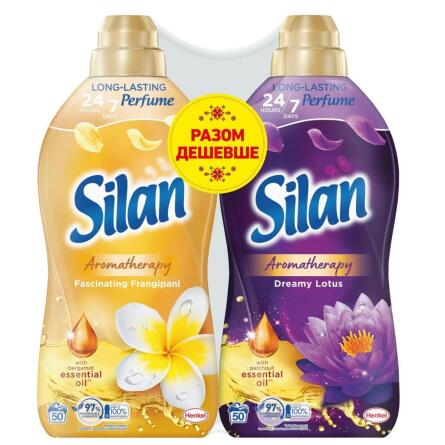 Кондиционер-ополаскиватель Silan Aromatherapy Dreamy Lotus 1,1л и Кондиционер-ополаскиватель Silan Aromatherapy Fascinating Frangipani 1,1л