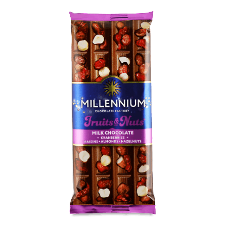 Шоколад молочний Millennium Fruits & Nuts мигдаль-лісовий горіх-журавлина-родзинки