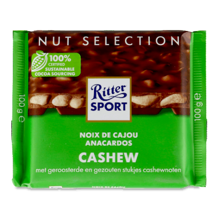 Шоколад молочний Ritter Sport з цільними горіхами кеш'ю