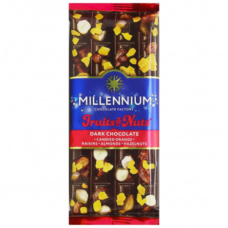 Шоколад Millennium Fruits &amp; Nuts чорний з мигдалем цілими лісовими горіхами апельсиновими цукатами та родзинками 90г