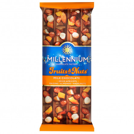 Шоколад молочный Millennium Fruits Nuts с миндалем цельными лесными орехами курагой и изюмом 90г