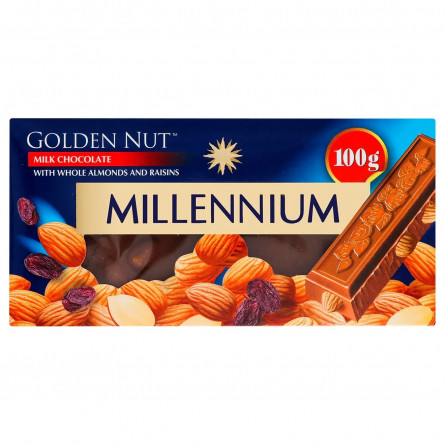 Шоколад Millennium Gold Nut молочний з цілим мигдалем та родзинками 100г