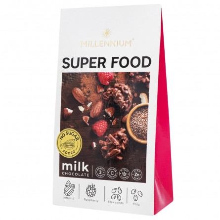 Цукерки Millennium Super Food молочний шоколад з мигдалем малиною льоном та чіа 80г slide 1